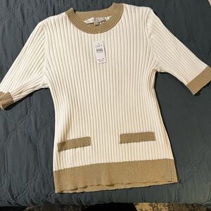 Loft. Cream and White, short sleeved, ribbed sweater.